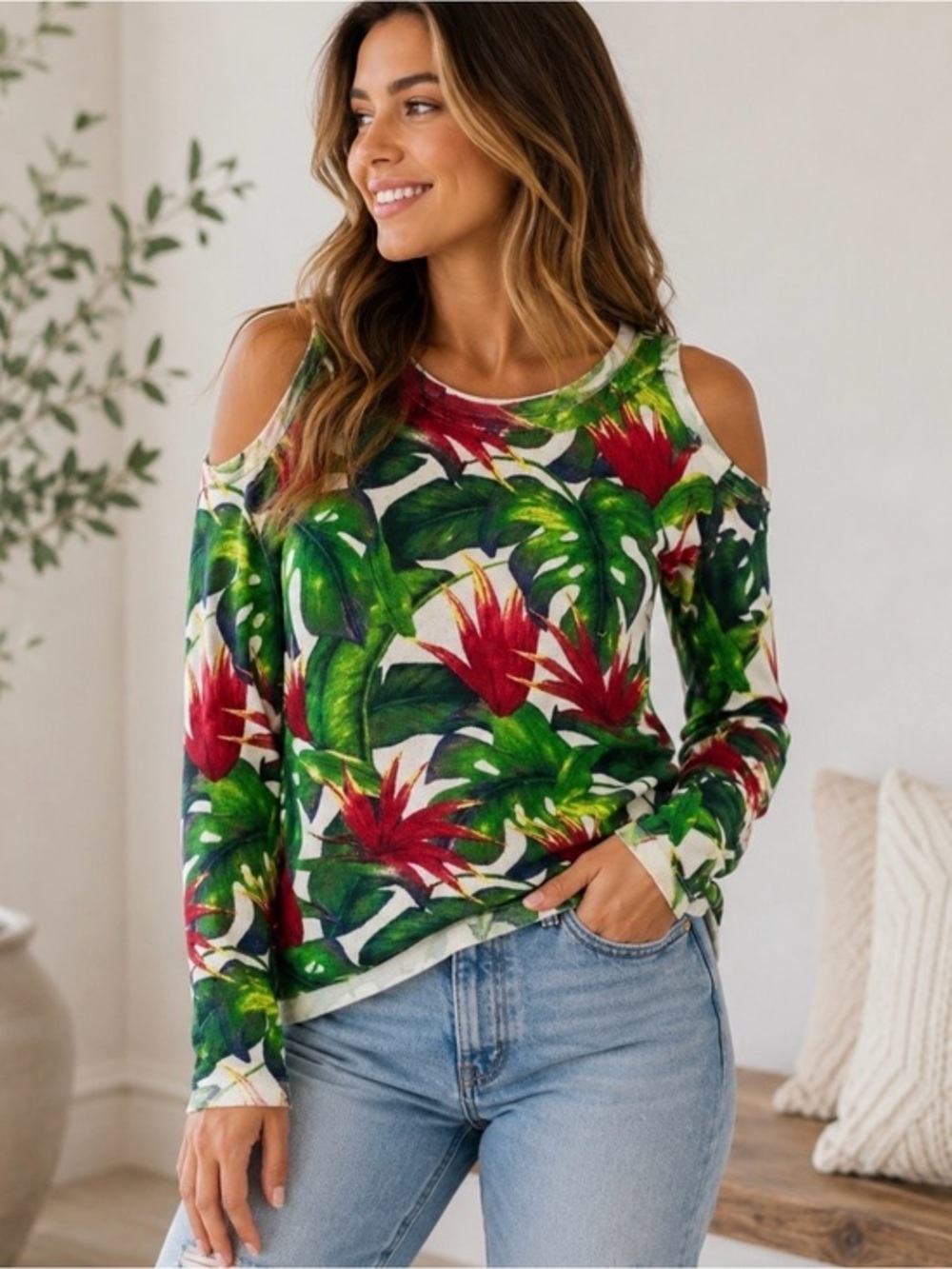 Show Me Your Mumu Shiver Shoulder Tropical Floral Sweater Shirt Size S